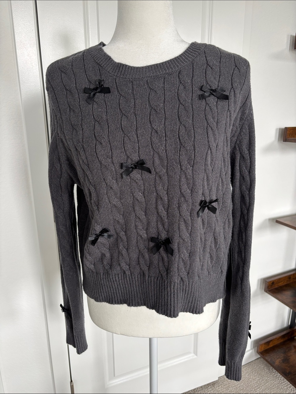 Arden B Charcoal Cable-Knit Crew Sweater with Black Bow Trim